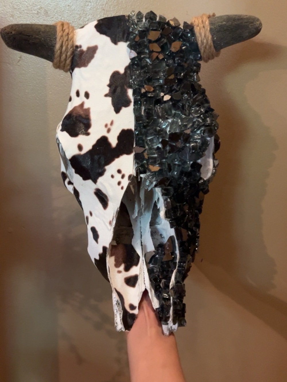 Handcrafted Cow Skull Wall Decor with Black & White Pattern
